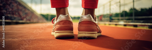 Low section of female legs in red jeans and sneakers standing on stadium track. created by generative AI technology.