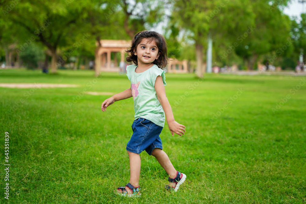 Happy cute little indian girl child having fun at summer park or garden. Happy cute little indian girl child having fun at summer park or garden.