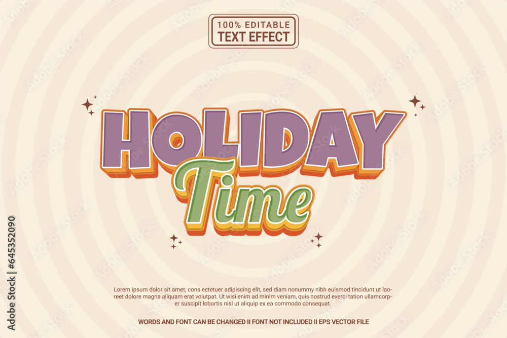 Naklejka premium Editable text effect Holiday Time 3d cartoon template stlye modren premium vector
