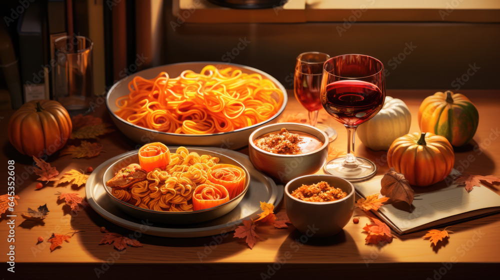A delicious pasta dish on a table with pumpkins and a wine glass with a wine