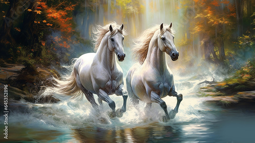 cavalos branso correndo sobre as águas 