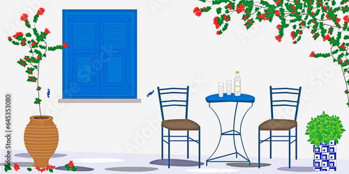 illustration with traditional greek yard - blue window, bougainvillea flower, table with chair, tenekes with basil plant, ouzo drink