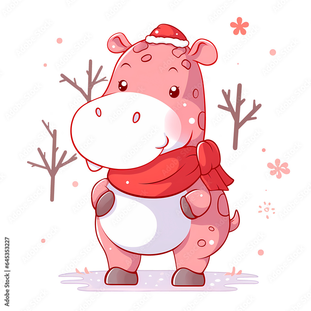 Naklejka premium Cute Hippopotamus Christmas Clipart Illustration