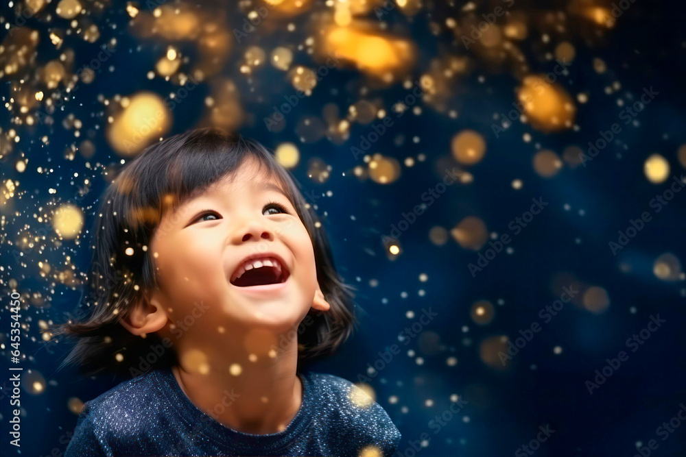 Happy kids with golden bokeh light particles. Holiday concept. Happy kids with golden bokeh light particles. Holiday concept.
