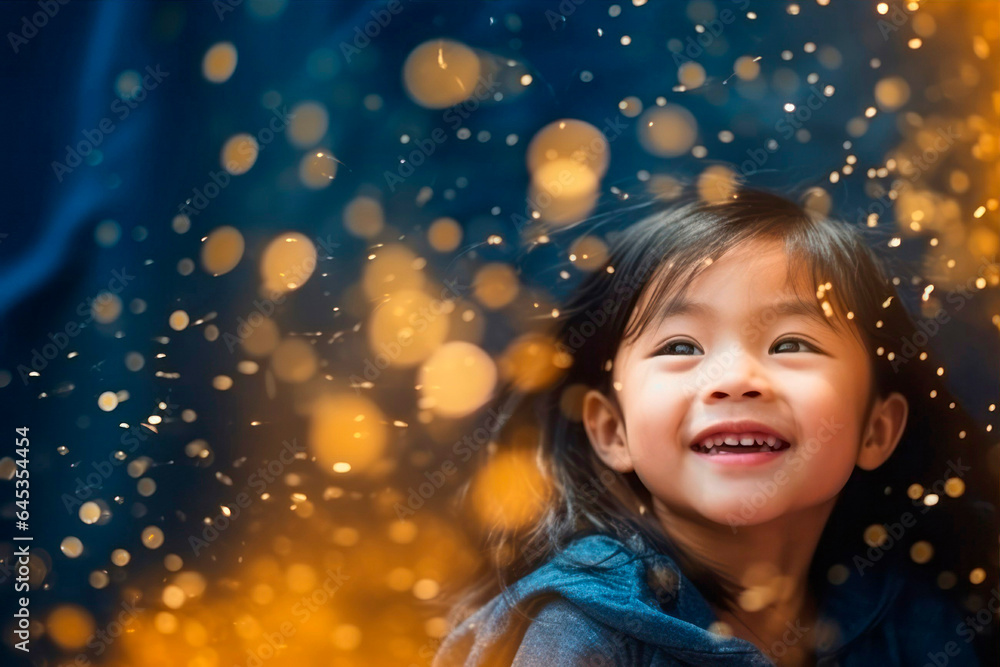 Happy kids with golden bokeh light particles. Holiday concept. Happy kids with golden bokeh light particles. Holiday concept.