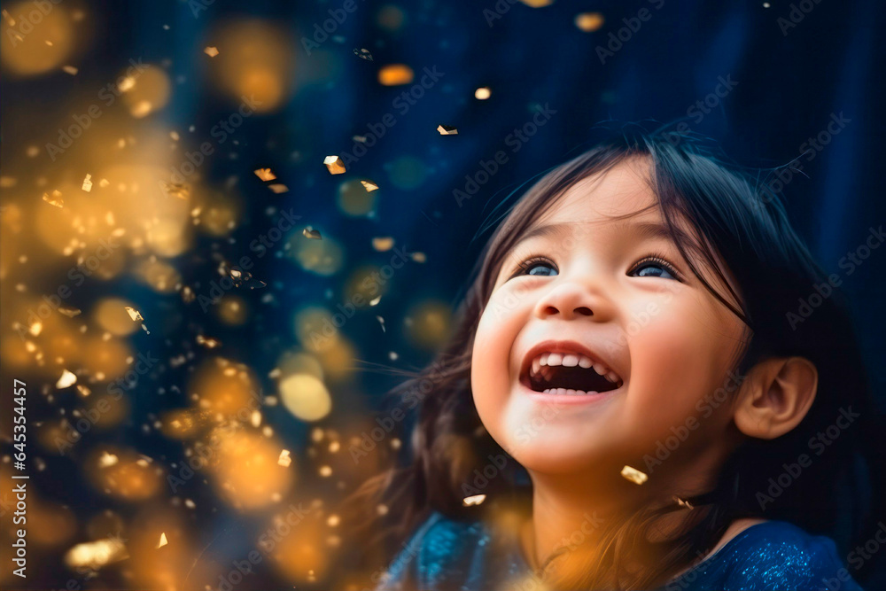 Happy kids with golden bokeh light particles. Holiday concept. Happy kids with golden bokeh light particles. Holiday concept.