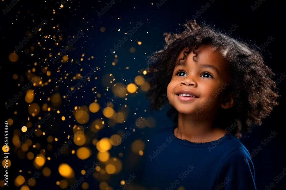 Happy kids with golden bokeh light particles. Holiday concept. Happy kids with golden bokeh light particles. Holiday concept.