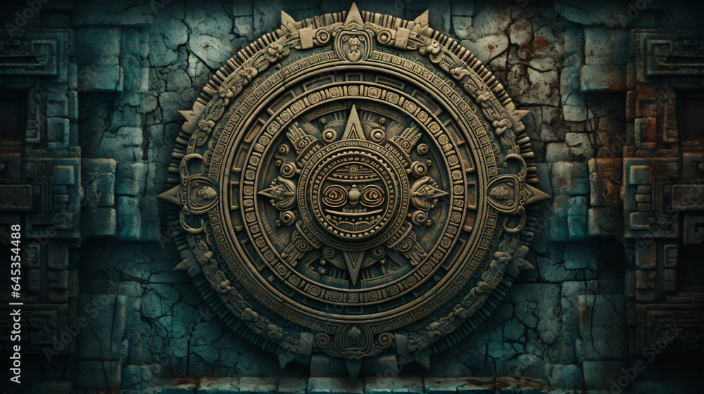 Fototapeta premium American Indian-themed backdrop featuring a Mayan or Aztec calendar displayed on weathered wall, adorned with textured empty space