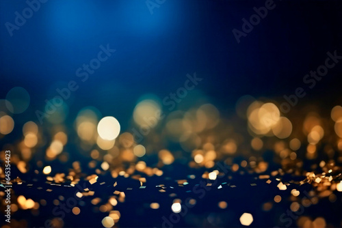 abstract background with Dark blue and gold particle. Christmas Golden light shine particles bokeh on navy blue background. Gold foil texture. Holiday concept.