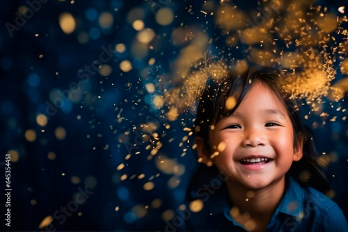 Happy kids with golden bokeh light particles. Holiday concept.