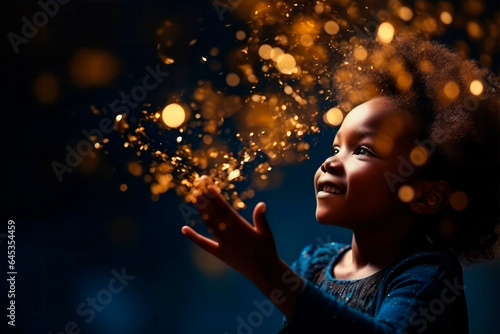 Happy kids with golden bokeh light particles. Holiday concept.