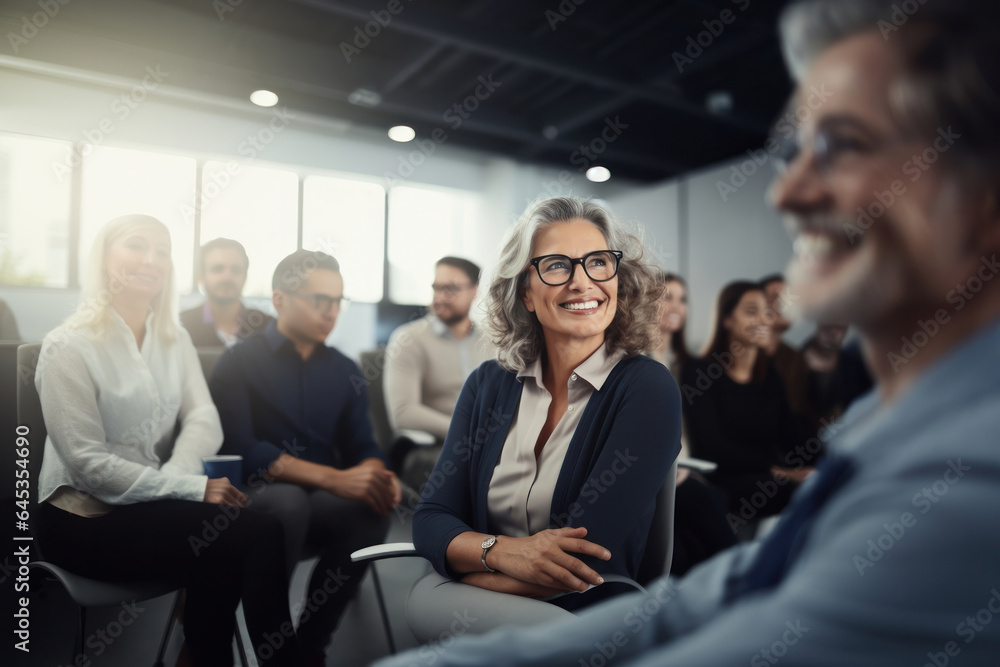 Respectable Caucasian Woman Sitting Among Her Colleagues and Smiling to Her Thoughts Respectable Caucasian Woman Sitting Among Her Colleagues and Smiling to Her Thoughts