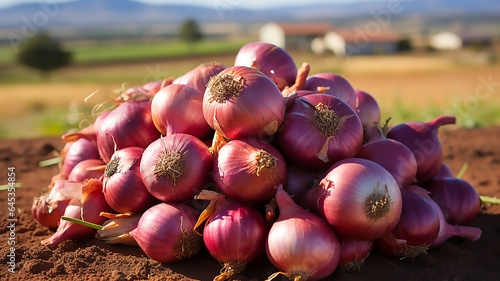 stack of red onion in the field organic food harvest on farm