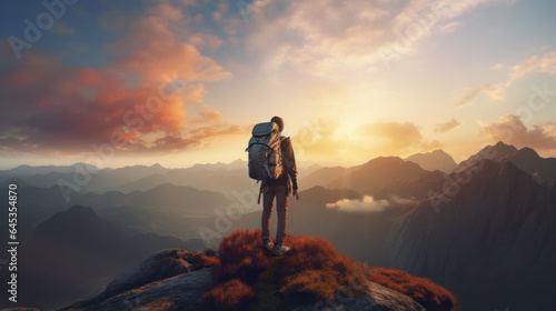 Sunset Summit: A Backpacker's Triumph Atop the Mountain - Symbolizing Success, Sportsmanship, and Personal Growth. © Ai Studio
