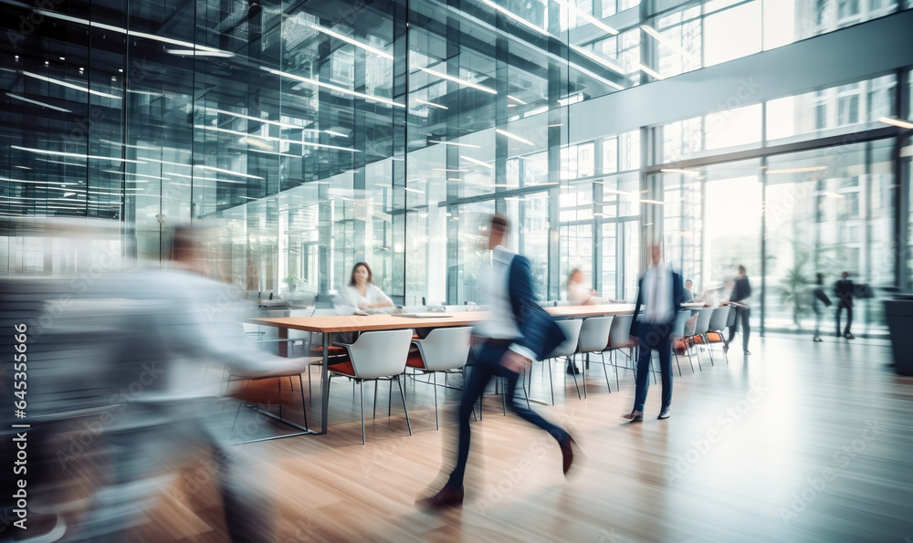 Bright business workplace with people in walking in blurred motion in modern office space Bright business workplace with people in walking in blurred motion in modern office space