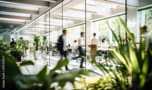 Foto Bright business workplace with people in walking in blurred motion in modern off