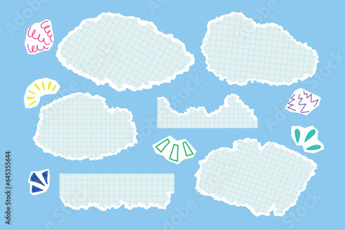 Clipart set of torn sheets of notebook paper on a blue background. Cute hand drawn doodle elements, templates for text.