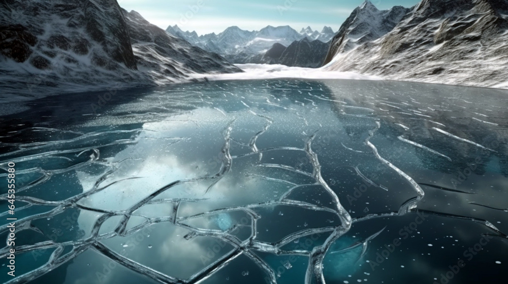 Cracks on the surface of the blue ice. Frozen lake in winter mountains. It is snowing - obrazy, fototapety, plakaty 