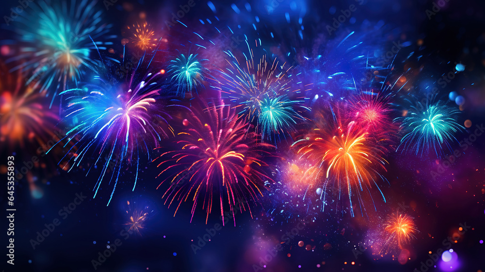 Fototapeta premium Feuerwerk, blauer Hintergrund Silvester, Neujahr, Bright color. Generative Ai