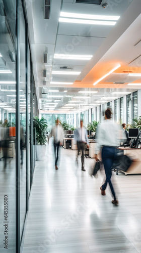 Bright business workplace with people in walking in blurred motion in modern office space
