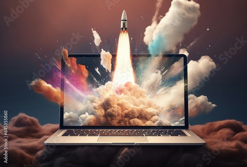 A laptop with a rocket launching from the screen
