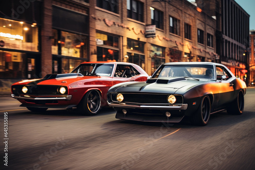 Two musclecars driving a race in a city. photo