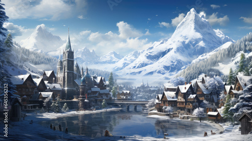 Illustration of a village in winter with a lot of snow and mountains in background © jr-art