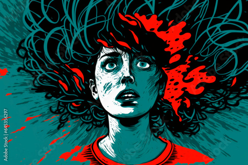  Illustration of a woman with a desperate face, stress and burnout syndrome. Girl with her altered mental states and signs of confusion. Woman with messy hair. Concept of mental disturbance.