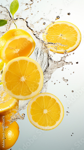 Lemon in a splash on a neutral background.