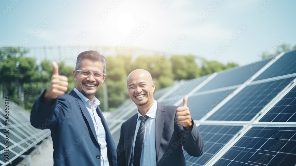 Business man engineer outdoor in the solar energy park, successful in green innovation investment. Business man engineer outdoor in the solar energy park, successful in green innovation investment.