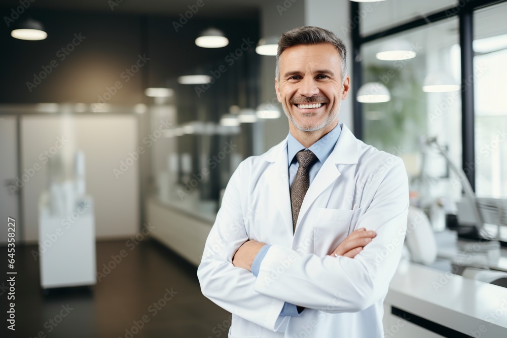 happy confident dentist in a white coat examining happy confident dentist in a white coat examining