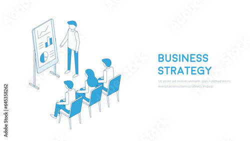 Business meeting or presentation sroke illustration. Character presents a project or report outline corporate vector. Professional training in marketing, sales and e-commerce.