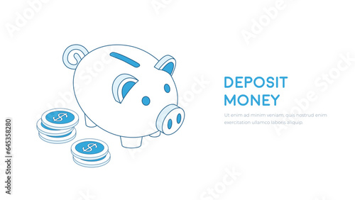 Piggy bank outline isometric. Financial concept linear illustration. 
