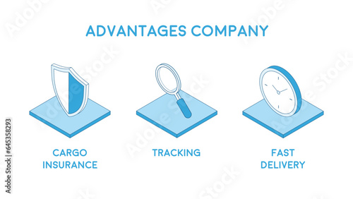 Outline isometry infographics. Set of corporate icons: magnifier, shield, watch with a platform. Minimalistic infographics on the platform. Cyber security, search and time concept.