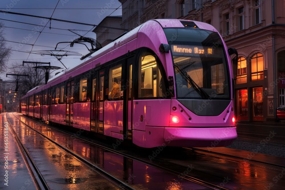 Pink tram in the city. Generative AI