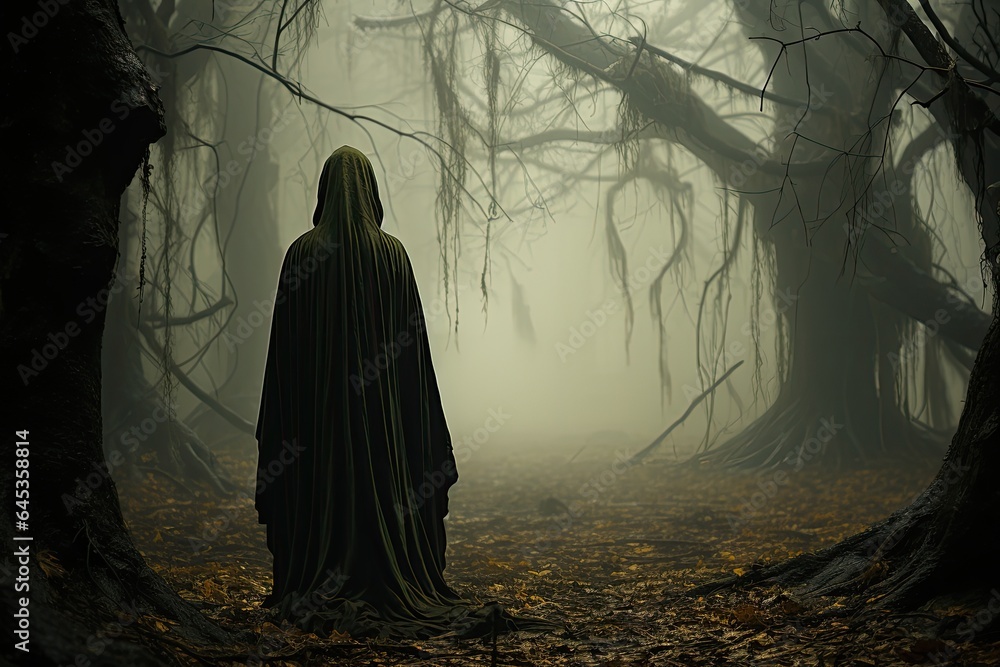 Ominous figure of man shrouded in a dark cloak in a fog shrouded cemetery Ominous figure of man shrouded in a dark cloak in a fog shrouded cemetery