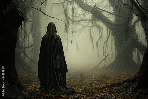 Ominous figure of man shrouded in a dark cloak in a fog shrouded cemetery