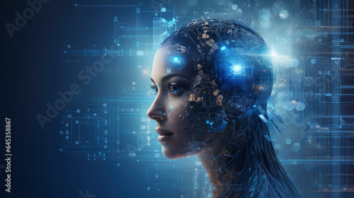 An abstract fusion of technology and human intelligence  A futuristic portrait of a young woman symbolizing the future of AI and cyber innovation