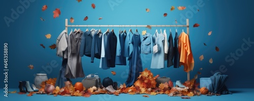 Clothes in row. clothes for autumn or fall season. Clothespin.