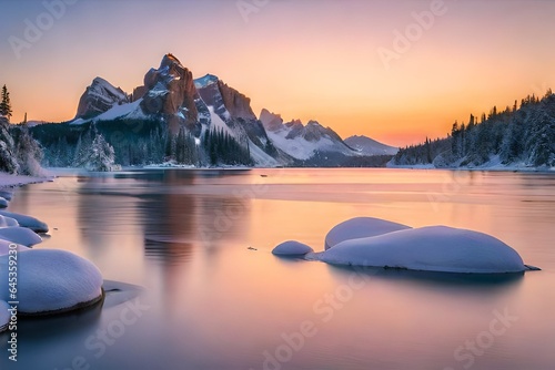 A serene twilight scene by a frozen lake, where the last light of day paints the icy expanse with shades of orange and pink.