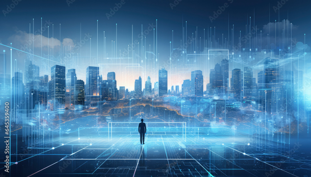 A futuristic cityscape with a skyline of skyscrapers, representing the intersection of technology and finance,Navigate the global financial future, banner A futuristic cityscape with a skyline of skyscrapers, representing the intersection of technology and finance,Navigate the global financial future, banner