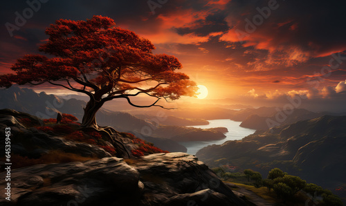 Tree in a mountain landscape in the light of the sun.