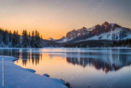 A serene twilight scene by a frozen lake, where the last light of day paints the icy expanse with shades of orange and pink.