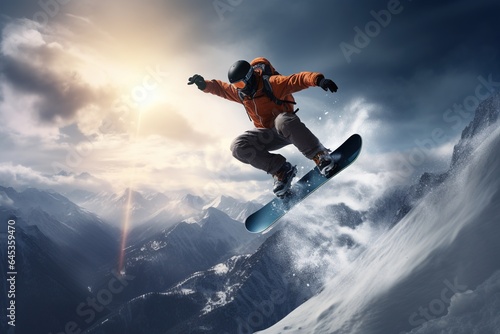 A man on a snowboard is in the air in the mountains