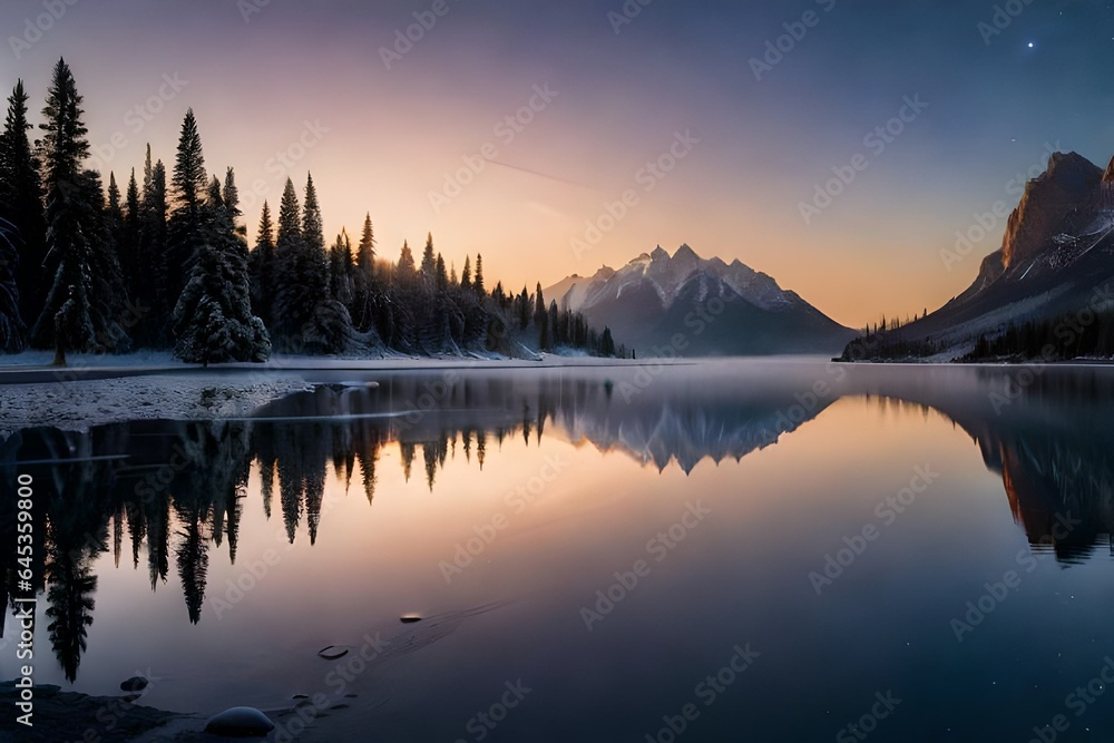 A serene twilight scene by a frozen lake, where the last light of day paints the icy expanse with shades of orange and pink.