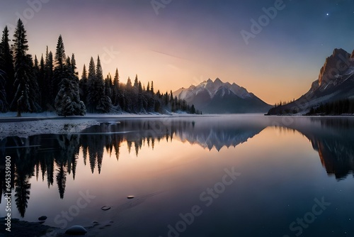 A serene twilight scene by a frozen lake, where the last light of day paints the icy expanse with shades of orange and pink.