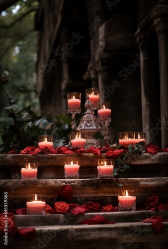 an ancient altar in a mystical forest with many candles placed on stepstones - ai-generated photo