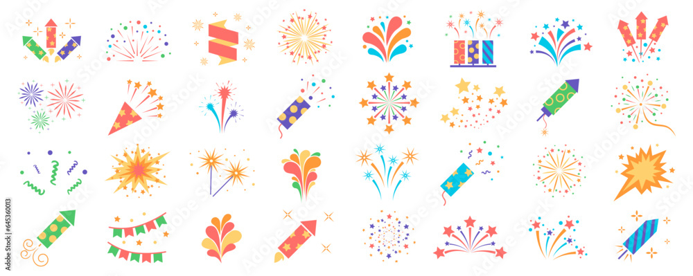 Set of firework icons, celebration, party, happy new year. Vector set - obrazy, fototapety, plakaty 