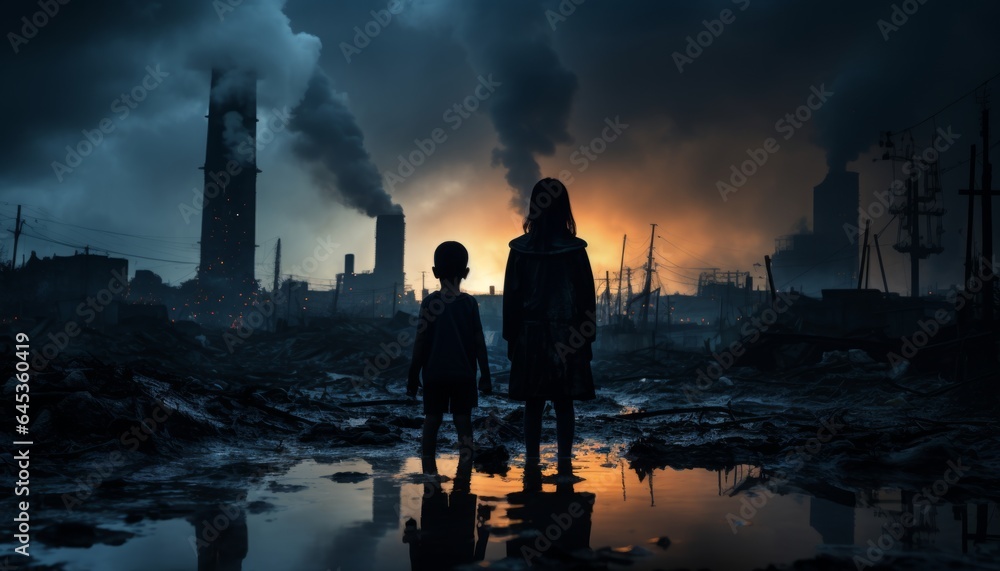 Orphan children play in a polluted landfill near a factory, a girl and a boy are against environmental pollution with garbage waste and emissions. Made in AI