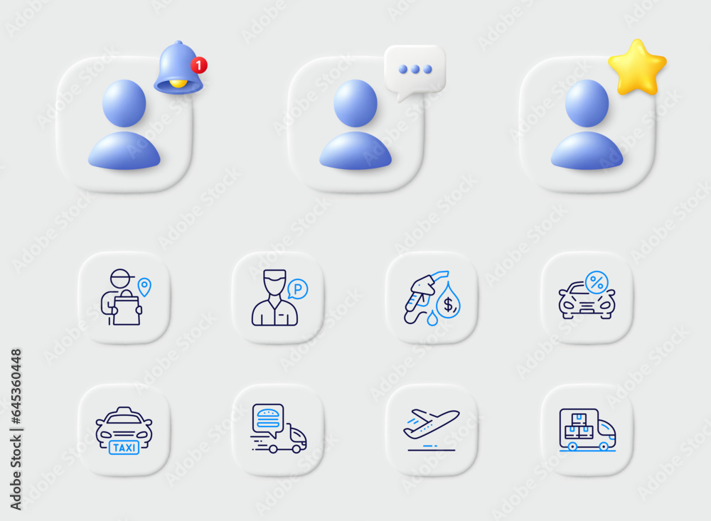 Valet servant, Plane and Taxi line icons. Placeholder with 3d star, reminder bell, chat. Pack of Food delivery, Petrol station, Car leasing icon. Delivery man pictogram. For web app, printing. Vector Valet servant, Plane and Taxi line icons. Placeholder with 3d star, reminder bell, chat. Pack of Food delivery, Petrol station, Car leasing icon. Delivery man pictogram. For web app, printing. Vector